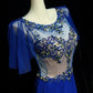 Elegant A-line Blue Round Neck Long Evening Dress Beaded Chiffon Prom Dress MD243