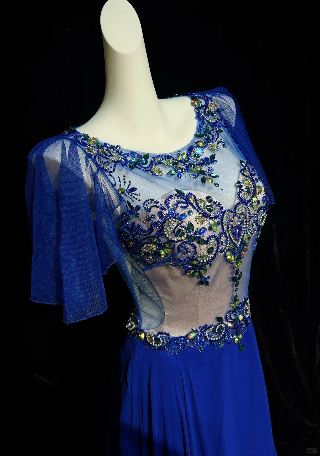 Elegant A-line Blue Round Neck Long Evening Dress Beaded Chiffon Prom Dress MD243