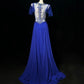 Elegant A-line Blue Round Neck Long Evening Dress Beaded Chiffon Prom Dress MD243