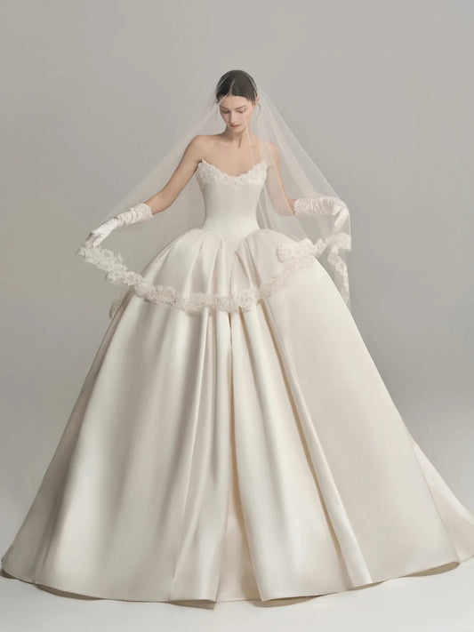 Elegant Ball Gown Long Wedding Dress V Neck Satin White Prom Dress MD244
