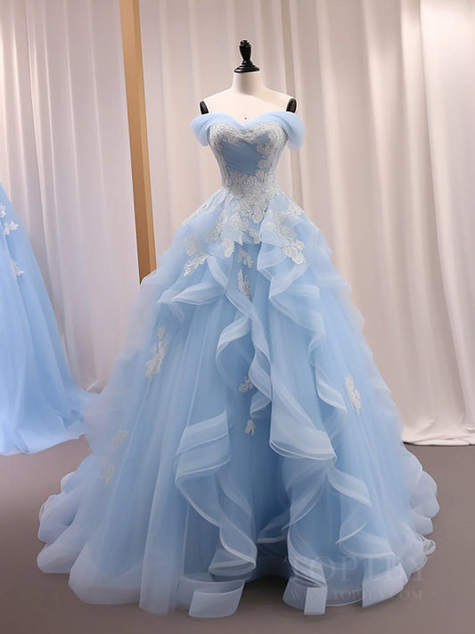 A-Line Sweetheart Neck Tulle Lace off Shoulder Blue Long Prom Dress MD246