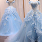 A-Line Sweetheart Neck Tulle Lace off Shoulder Blue Long Prom Dress MD246