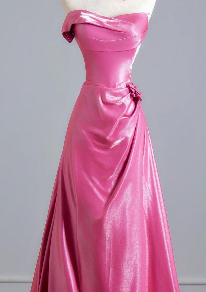 Elegant A-line Pink Off-the-Shoulder Long Evening Dress Satin Prom Dress MD247