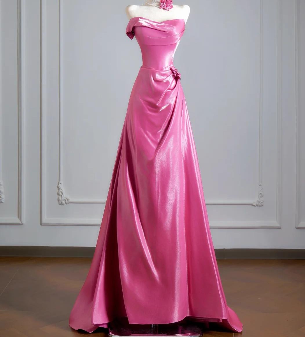 Elegant A-line Pink Off-the-Shoulder Long Evening Dress Satin Prom Dress MD247