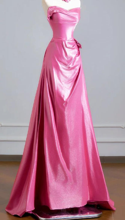 Elegant A-line Pink Off-the-Shoulder Long Evening Dress Satin Prom Dress MD247