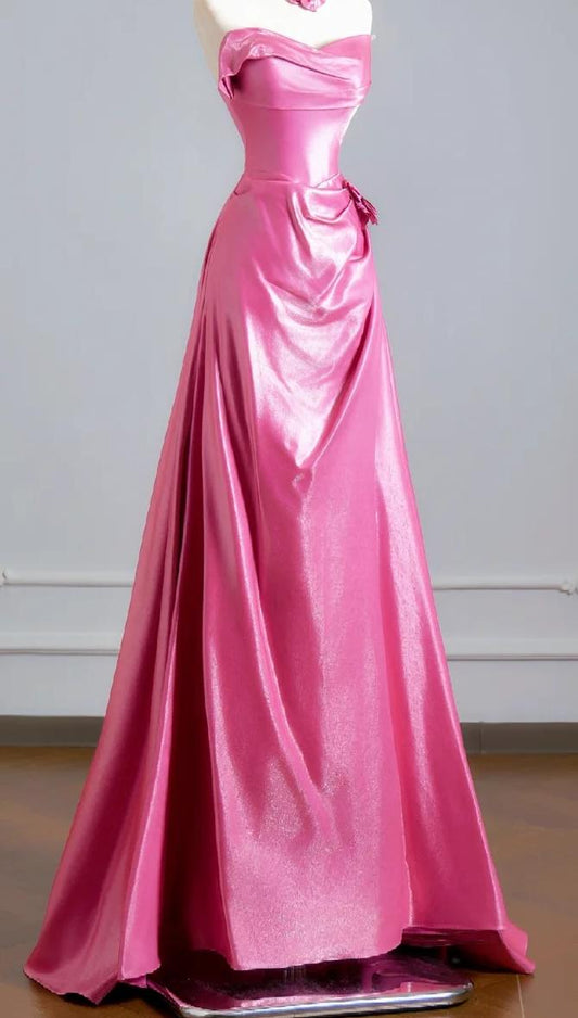 Elegant A-line Pink Off-the-Shoulder Long Evening Dress Satin Prom Dress MD247