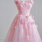 Ethereal A-line Pink 3D fabric flower Off-the-Shoulder Long Evening Dress Tulle Prom Dress MD248