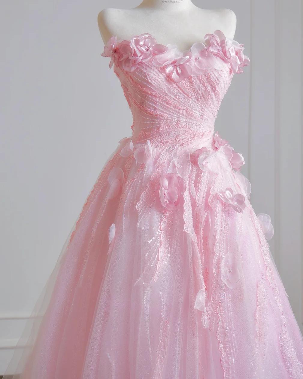 Ethereal A-line Pink 3D fabric flower Off-the-Shoulder Long Evening Dress Tulle Prom Dress MD248