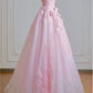 Ethereal A-line Pink 3D fabric flower Off-the-Shoulder Long Evening Dress Tulle Prom Dress MD248