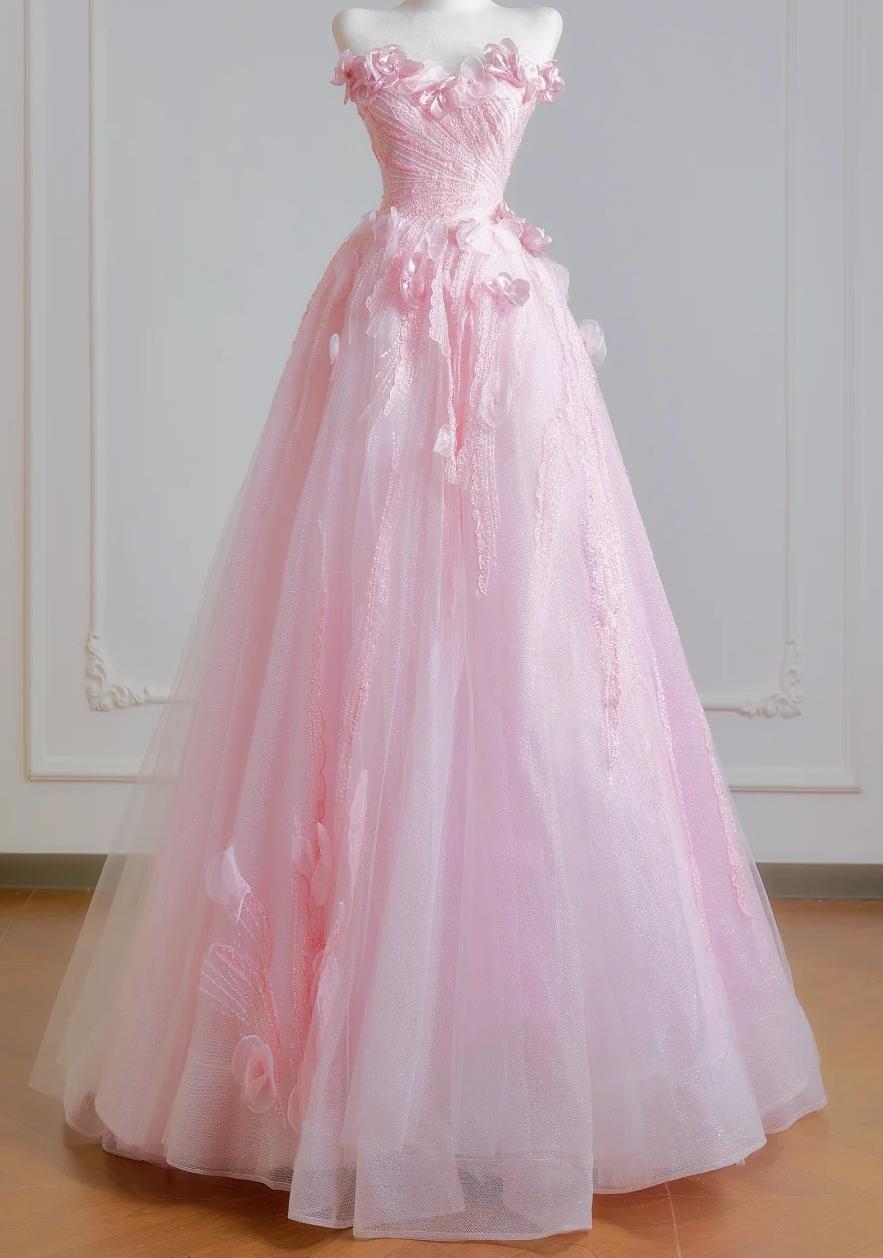 Ethereal A-line Pink 3D fabric flower Off-the-Shoulder Long Evening Dress Tulle Prom Dress MD248
