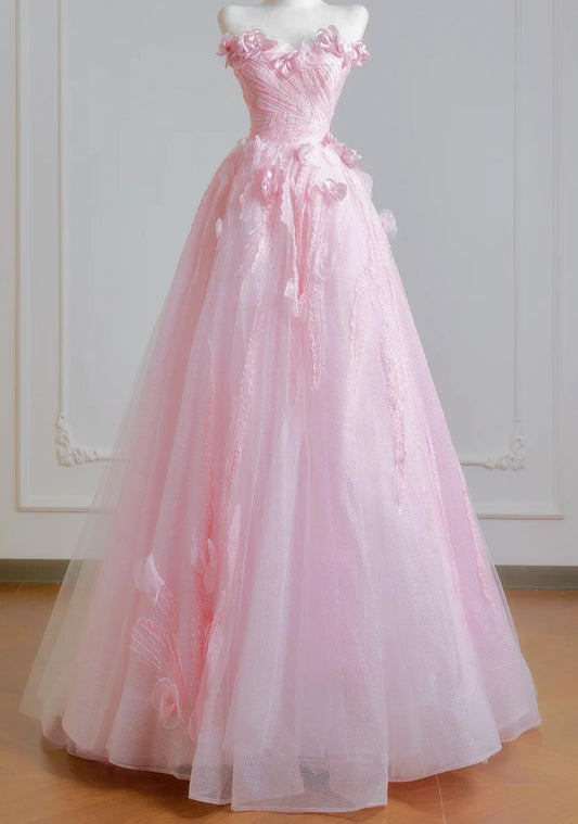 Ethereal A-line Pink 3D fabric flower Off-the-Shoulder Long Evening Dress Tulle Prom Dress MD248