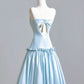 Ethereal A-line Blue Off-the-Shoulder Long Evening Dress Satin Pleated Prom Dress MD249