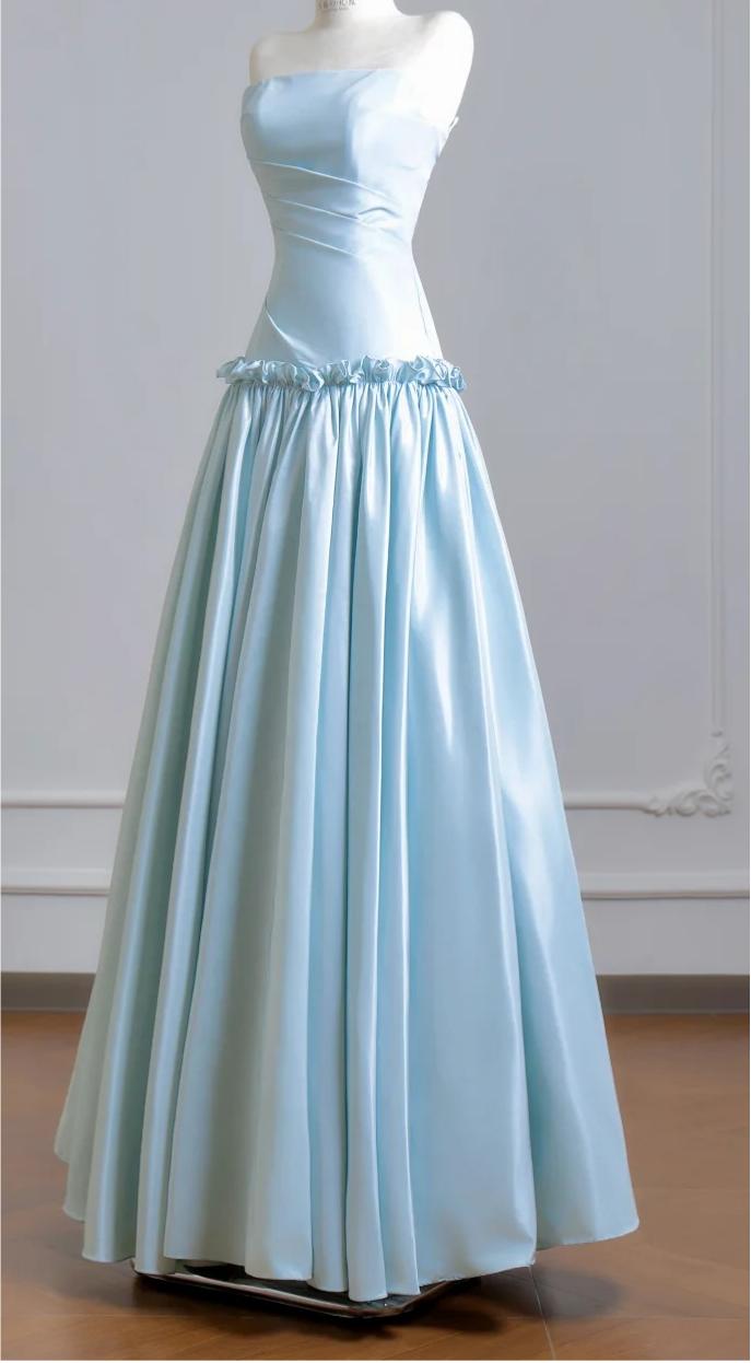 Ethereal A-line Blue Off-the-Shoulder Long Evening Dress Satin Pleated Prom Dress MD249