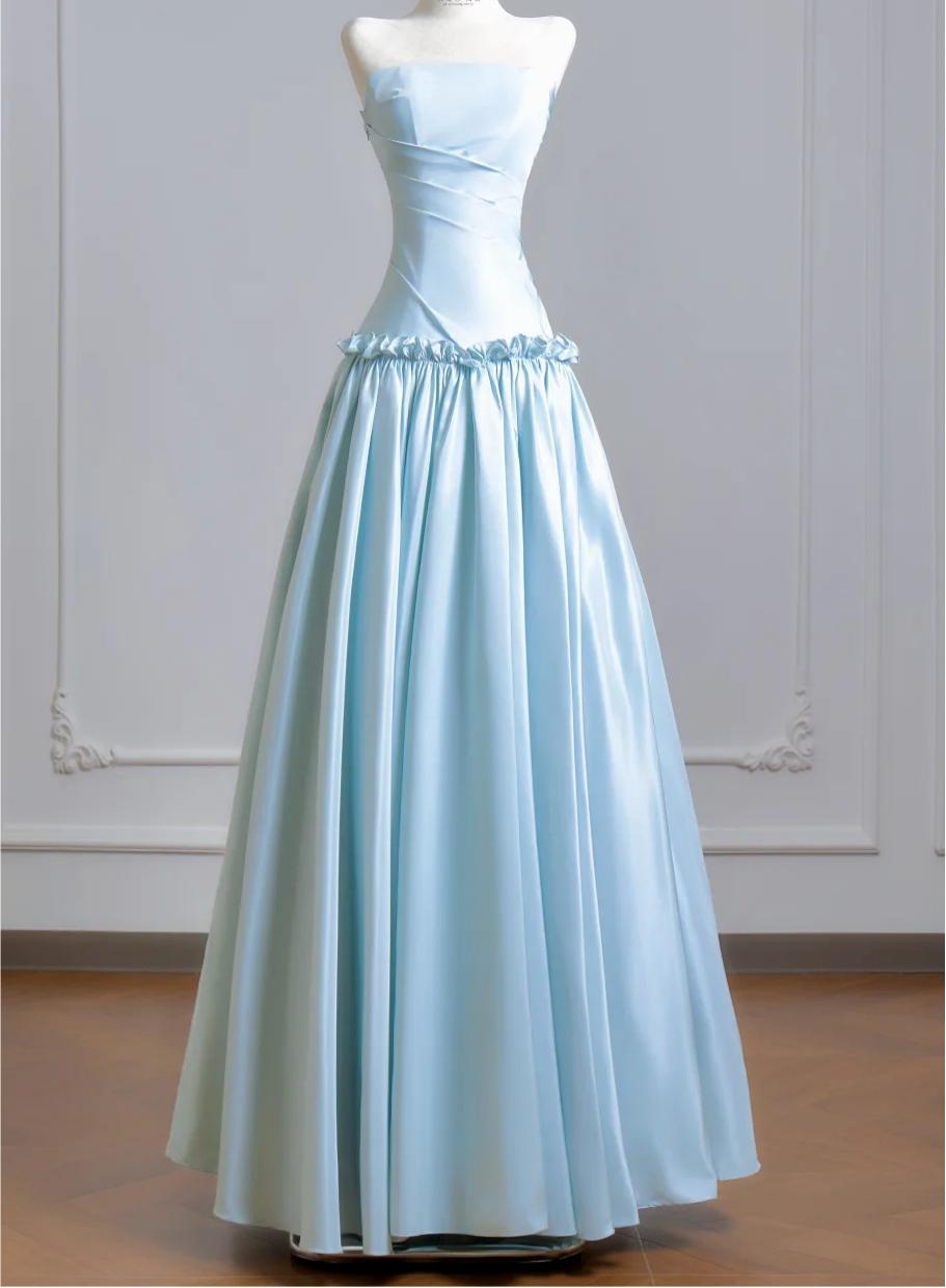 Ethereal A-line Blue Off-the-Shoulder Long Evening Dress Satin Pleated Prom Dress MD249
