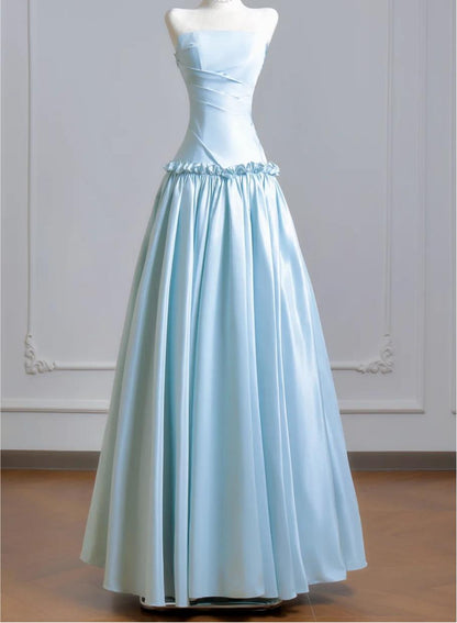 Ethereal A-line Blue Off-the-Shoulder Long Evening Dress Satin Pleated Prom Dress MD249