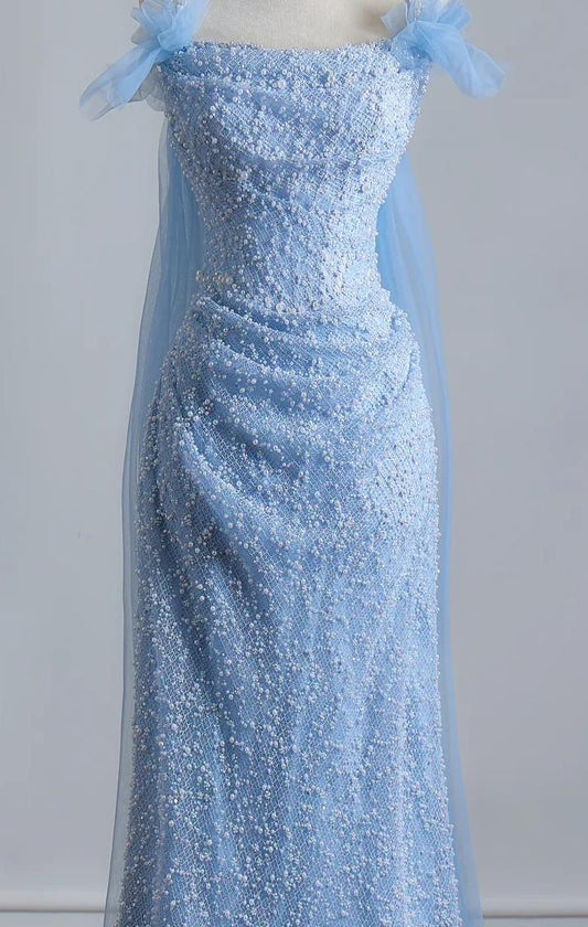 Ethereal Sheath Blue Spaghetti Straps Long Evening Dress Lace Beaded Prom Dress MD250