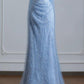 Ethereal Sheath Blue Spaghetti Straps Long Evening Dress Lace Beaded Prom Dress MD250