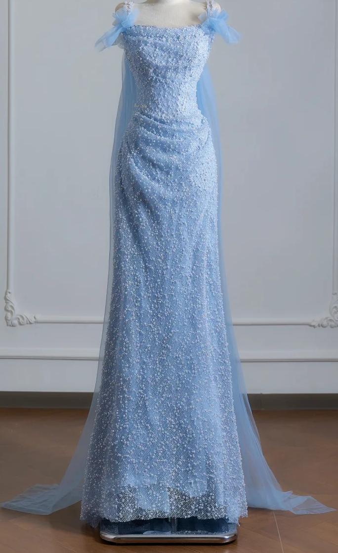 Ethereal Sheath Blue Spaghetti Straps Long Evening Dress Lace Beaded Prom Dress MD250