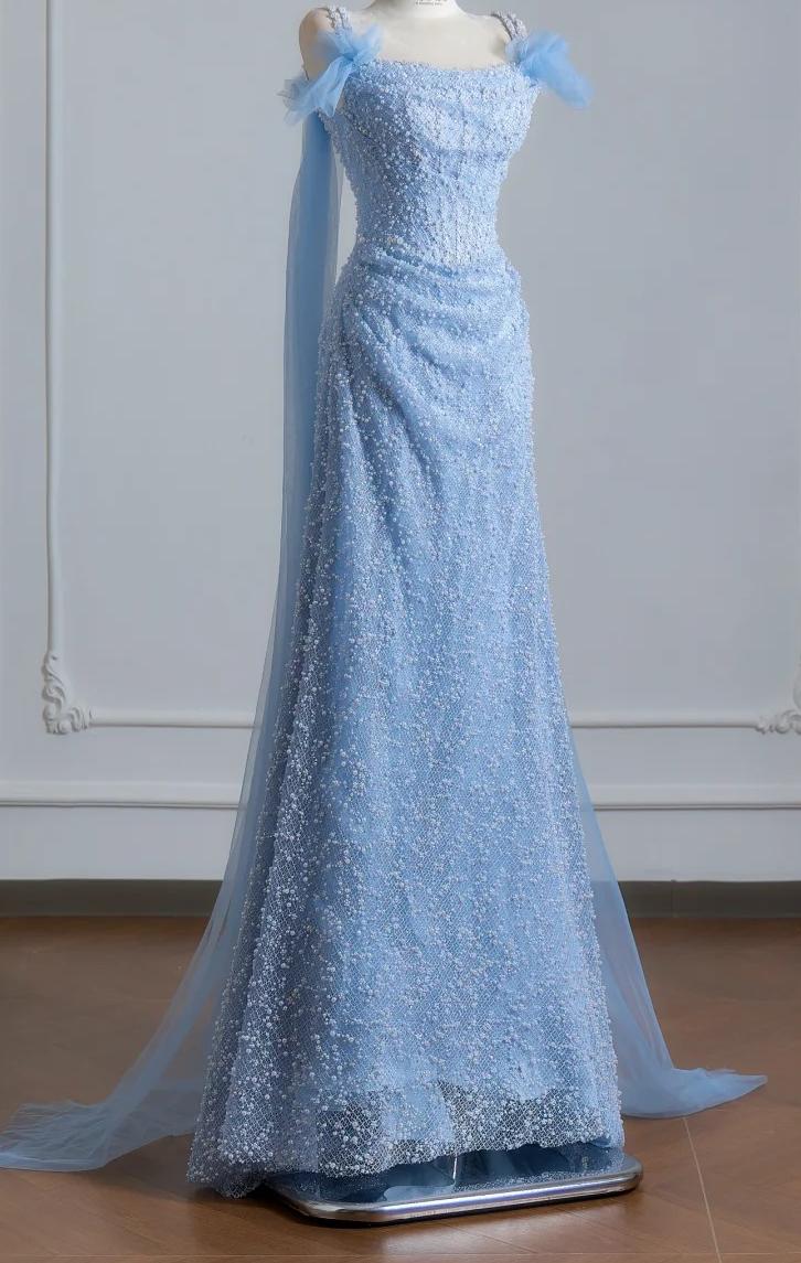Ethereal Sheath Blue Spaghetti Straps Long Evening Dress Lace Beaded Prom Dress MD250