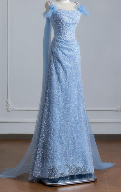 Ethereal Sheath Blue Spaghetti Straps Long Evening Dress Lace Beaded Prom Dress MD250