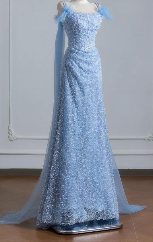 Ethereal Sheath Blue Spaghetti Straps Long Evening Dress Lace Beaded Prom Dress MD250