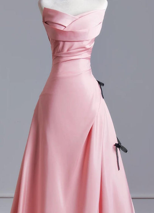 Ethereal A-line Pink Off-the-Shoulder Long Evening Dress Satin Prom Dress MD252