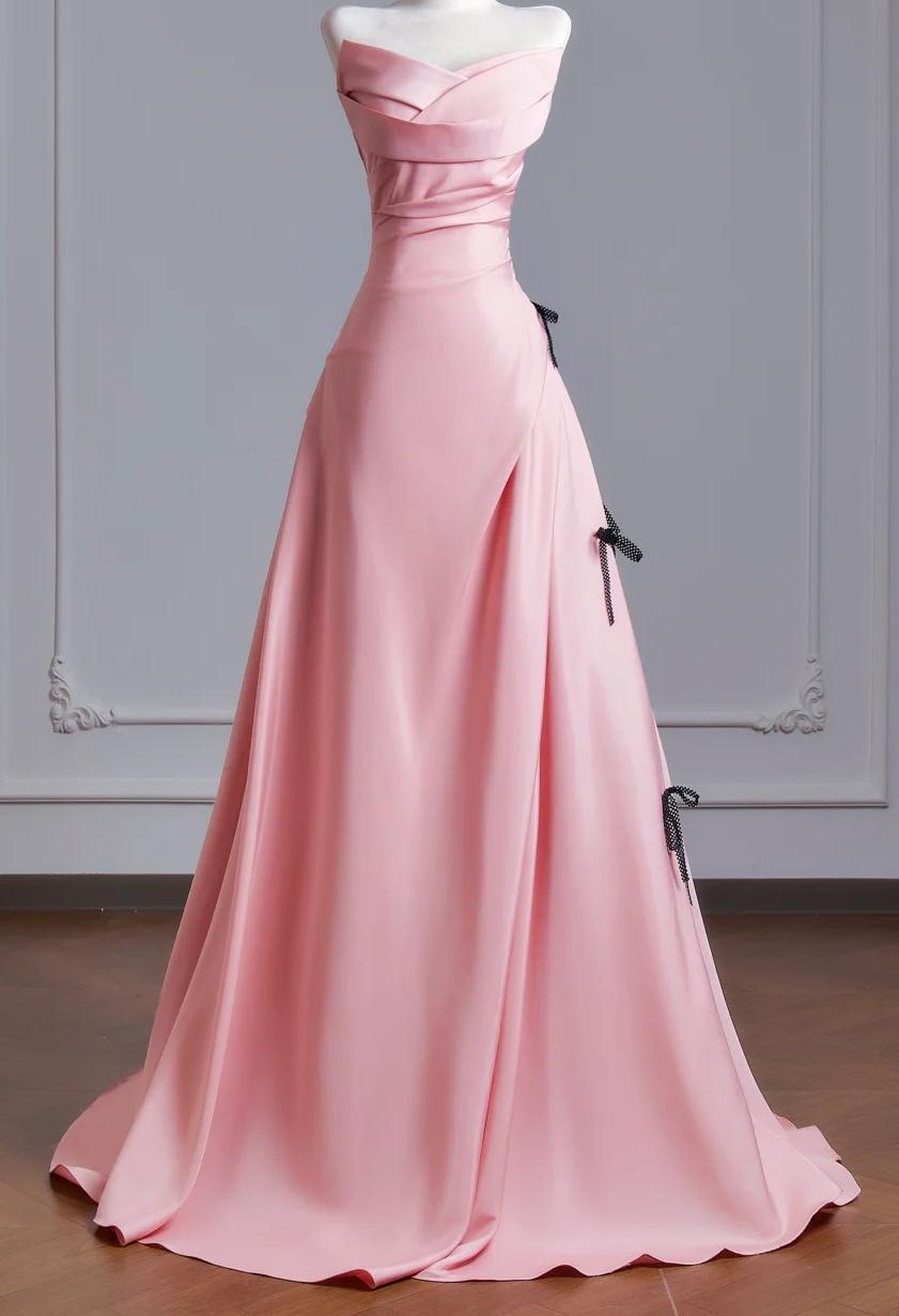 Ethereal A-line Pink Off-the-Shoulder Long Evening Dress Satin Prom Dress MD252