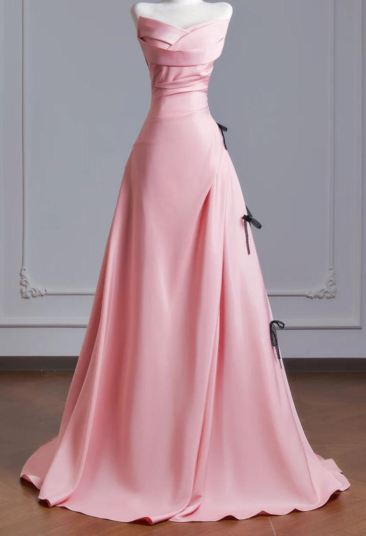 Ethereal A-line Pink Off-the-Shoulder Long Evening Dress Satin Prom Dress MD252