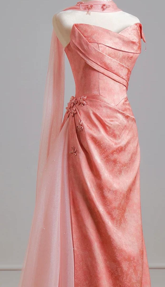 Ethereal Sheath Pink Off-the-Shoulder Long Evening Dress Satin Prom Dress MD253