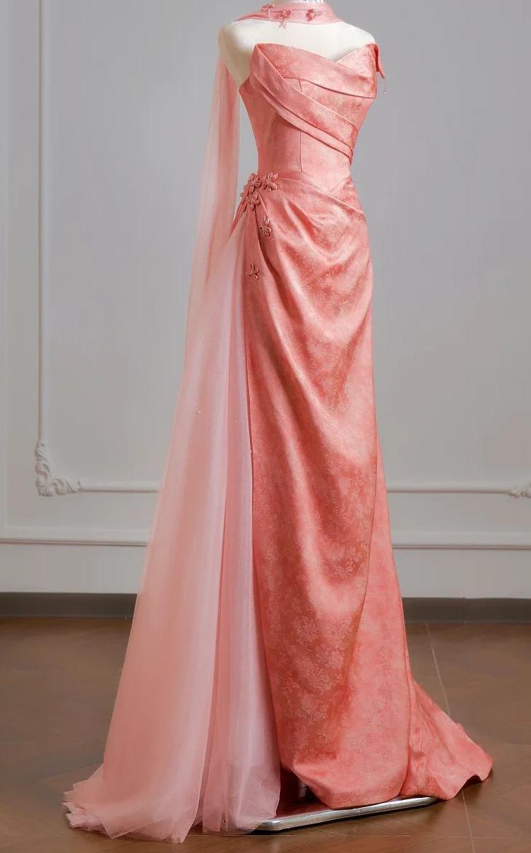Ethereal Sheath Pink Off-the-Shoulder Long Evening Dress Satin Prom Dress MD253