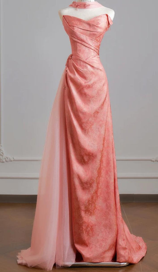 Ethereal Sheath Pink Off-the-Shoulder Long Evening Dress Satin Prom Dress MD253