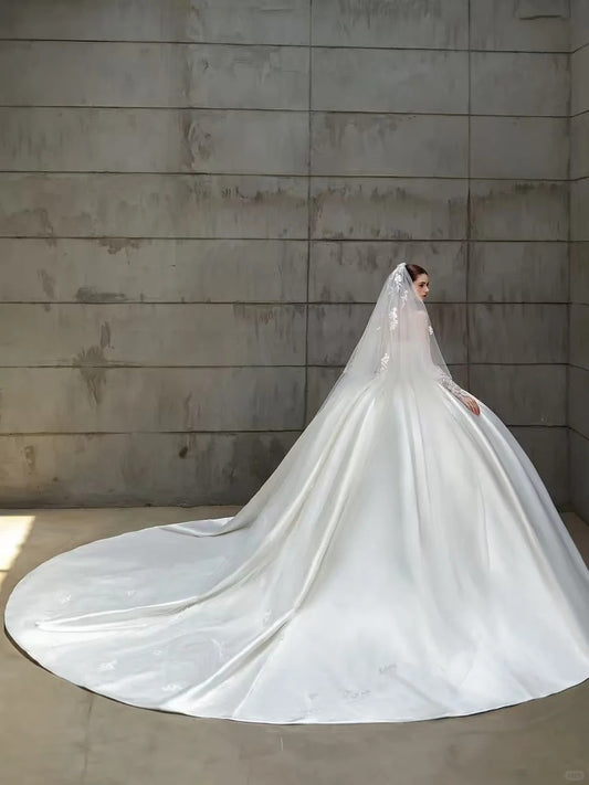 Elegant Ball Gown Long Wedding Dress Off-the-Shoulder Satin White Prom Dress MD254
