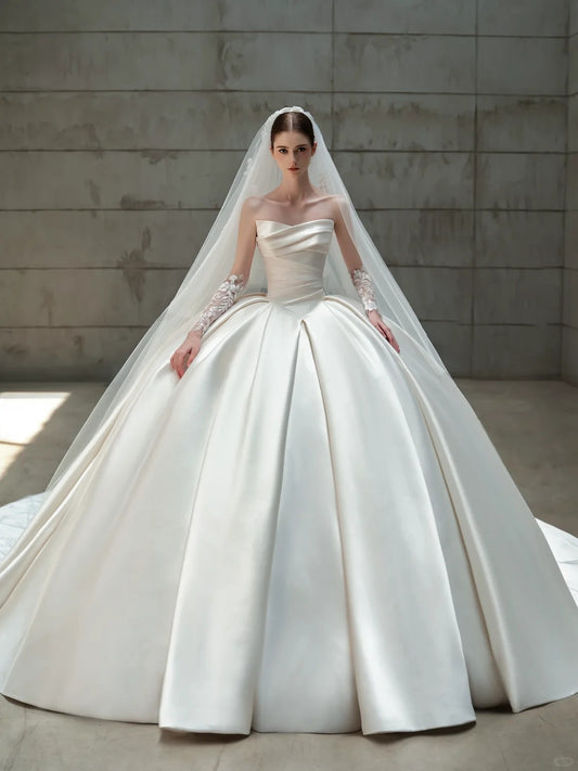 Elegant Ball Gown Long Wedding Dress Off-the-Shoulder Satin White Prom Dress MD254