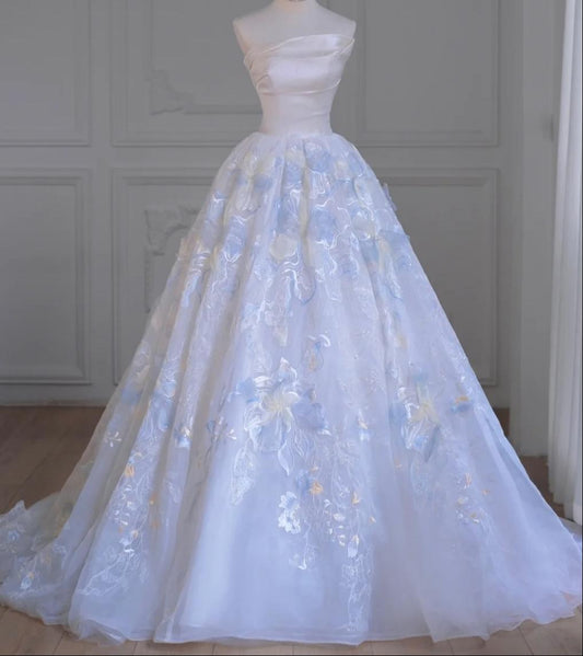 Elegant A-line Long Wedding Dress Off-the-Shoulder Lace White Prom Dress MD255