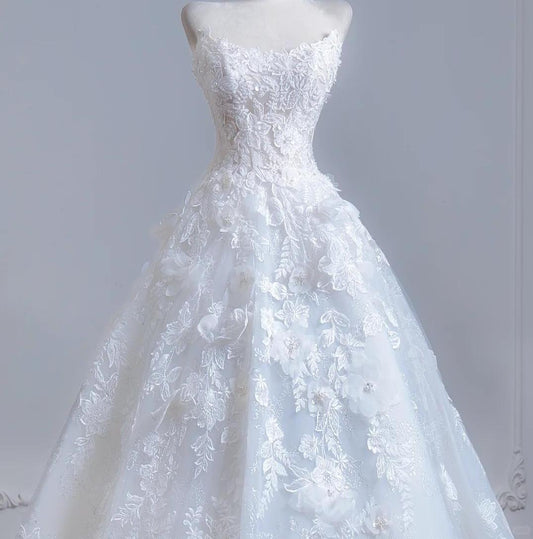 Elegant Ball Gown Long Wedding Dress Off-the-Shoulder Lace White Prom Dress MD256
