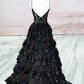 Elegant A-line Spaghetti Straps Lace Black Long Evening Dress Lace Prom Dress MD257