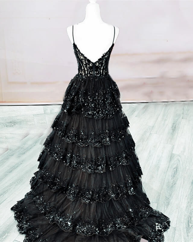 Elegant A-line Spaghetti Straps Lace Black Long Evening Dress Lace Prom Dress MD257