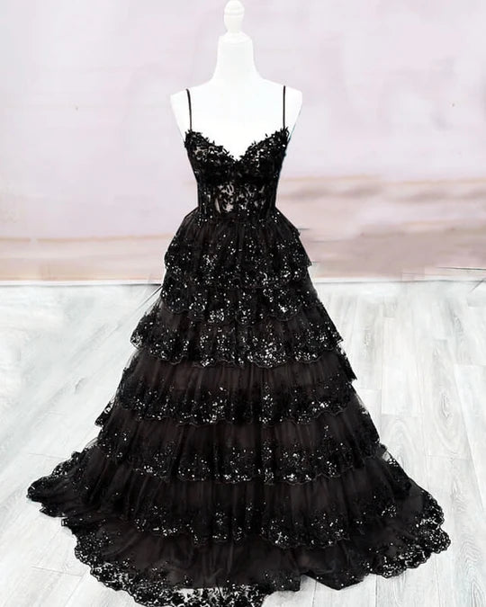 Elegant A-line Spaghetti Straps Lace Black Long Evening Dress Lace Prom Dress MD257
