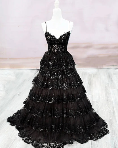 Elegant A-line Spaghetti Straps Lace Black Long Evening Dress Lace Prom Dress MD257