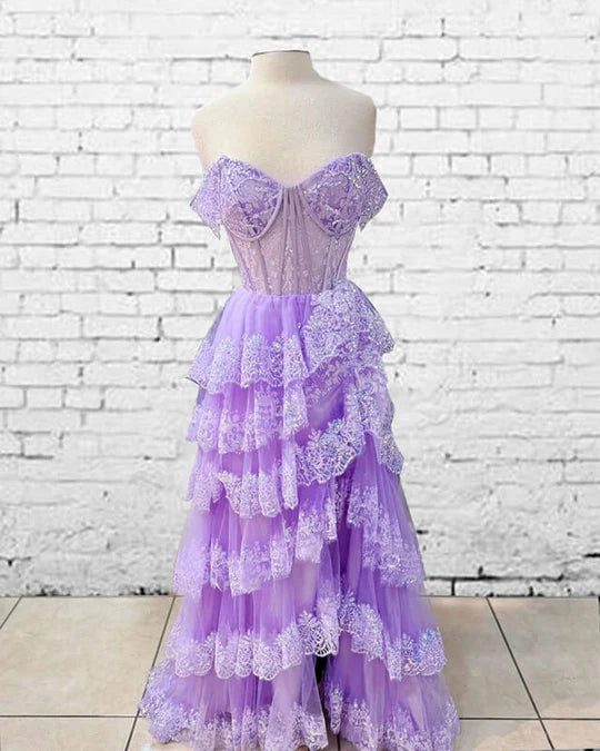 Elegant A-line Off-the-Shoulder Lace Purple Long Evening Dress Cascade Lace Prom Dress MD258