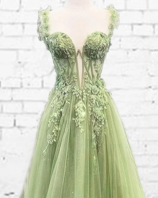 Elegant A-line Sweetheart Green Long Evening Dress Tulle Prom Dress MD259