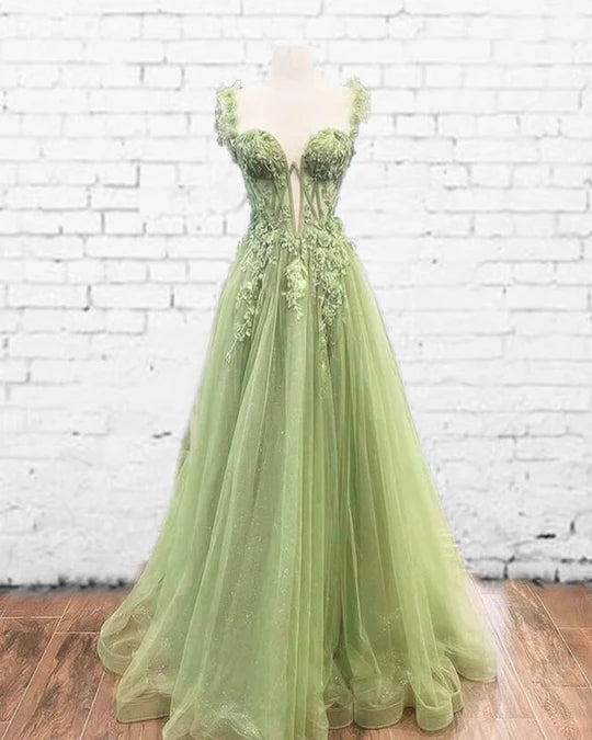 Elegant A-line Sweetheart Green Long Evening Dress Tulle Prom Dress MD259