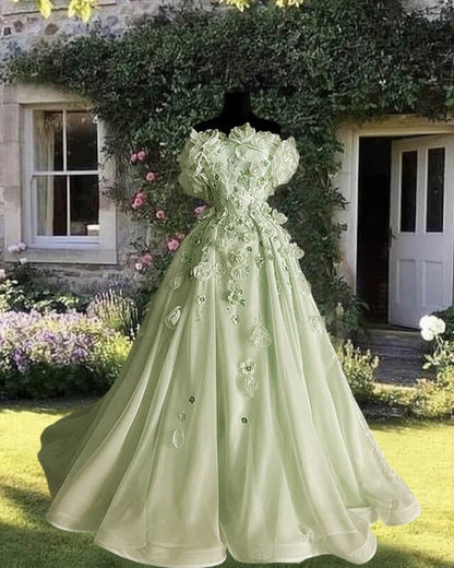 Elegant A-line Off-the-Shoulder Green Long Evening Dress 3D fabric flower Satin Prom Dress MD260