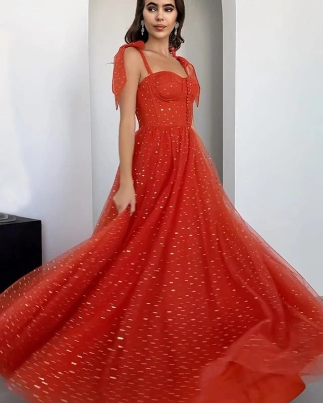 Elegant A-line Spaghetti Straps Orange Long Evening Dress Tulle Prom Dress MD261