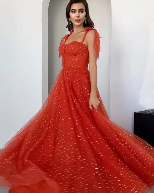 Elegant A-line Spaghetti Straps Orange Long Evening Dress Tulle Prom Dress MD261