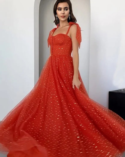 Elegant A-line Spaghetti Straps Orange Long Evening Dress Tulle Prom Dress MD261