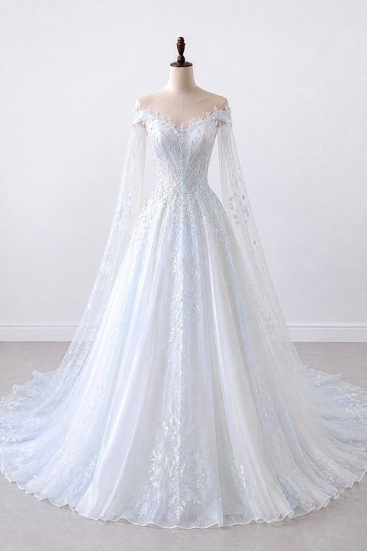 Elegant A-line Long Wedding Dress V Neck Lace White Prom Dress MD262