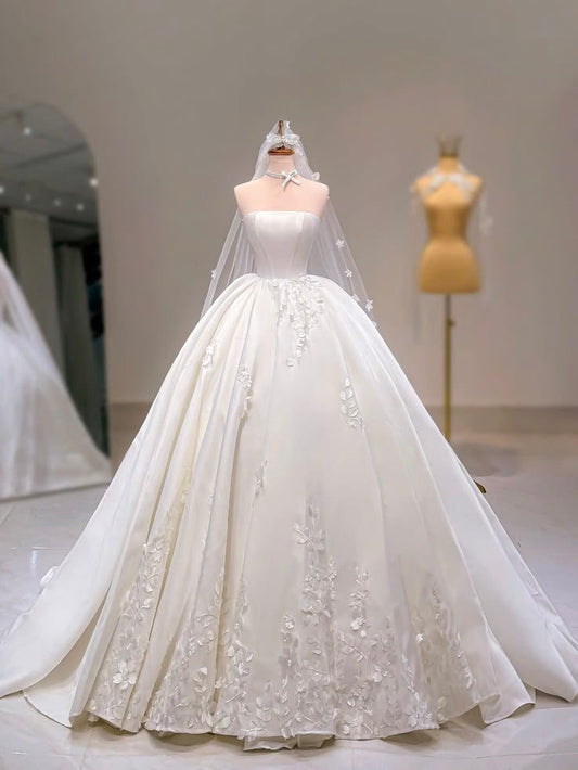 Elegant Ball Gown Long Wedding Dress Off-the-Shoulder Satin White Prom Dress MD264