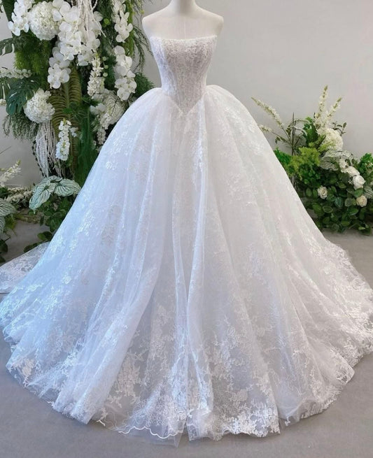 Elegant Ball Gown Long Wedding Dress Off-the-Shoulder Lace White Prom Dress MD265