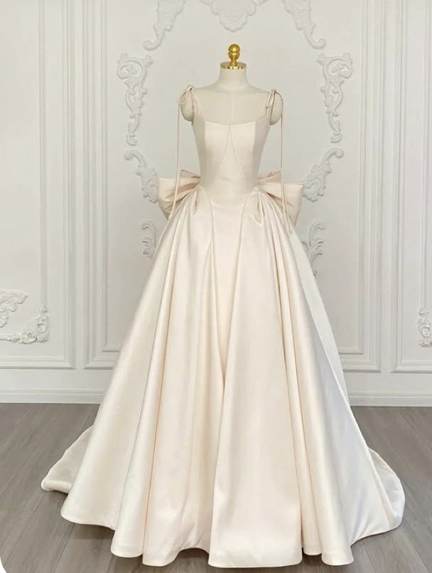 Elegant A-line Spaghetti Straps Long Wedding Dress Satin White Prom Dress MD267